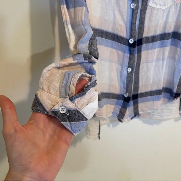 Bella Dahl plaid button down front pocket linen blend long sleeve shirt blouse S - Picture 5 of 8